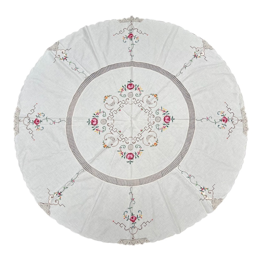 Vintage Round White Hand Embroidered Floral Crochet Lace Tablecloth 64in